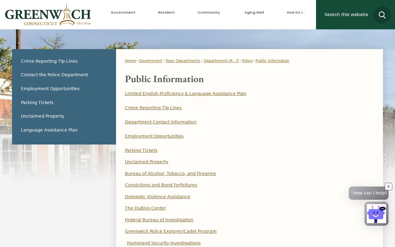 Greenwich Police public information page showing the routing of its Most Wanted link