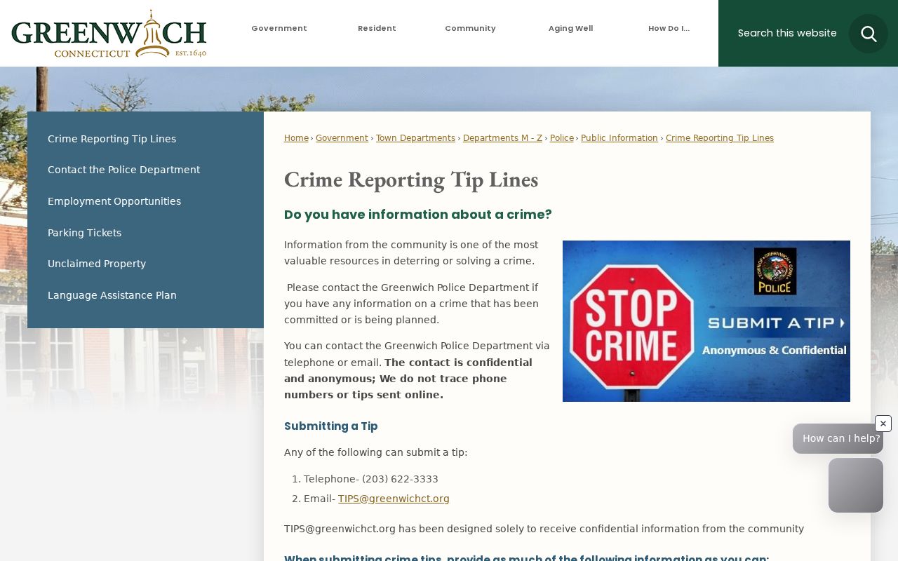 Greenwich Police official confidential crime tip channels