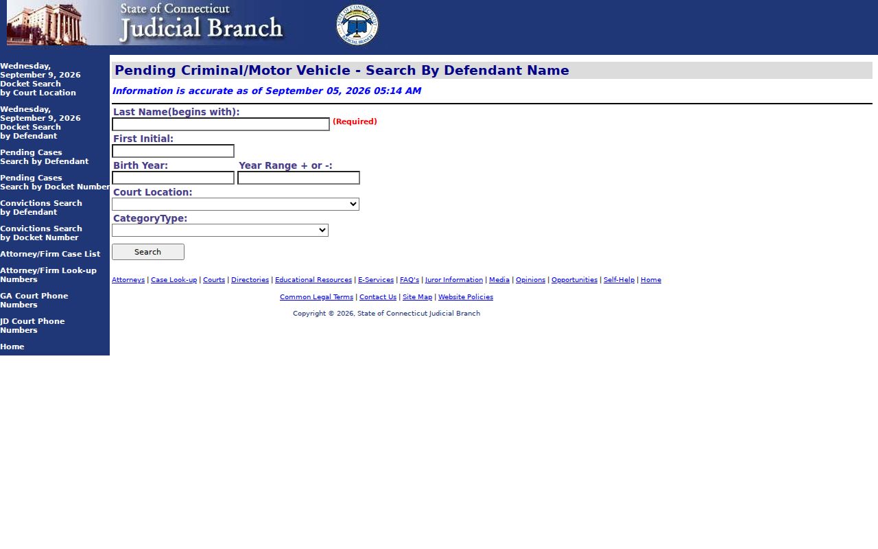 Pending criminal and motor vehicle search fields for selecting Stamford G.A. 1
