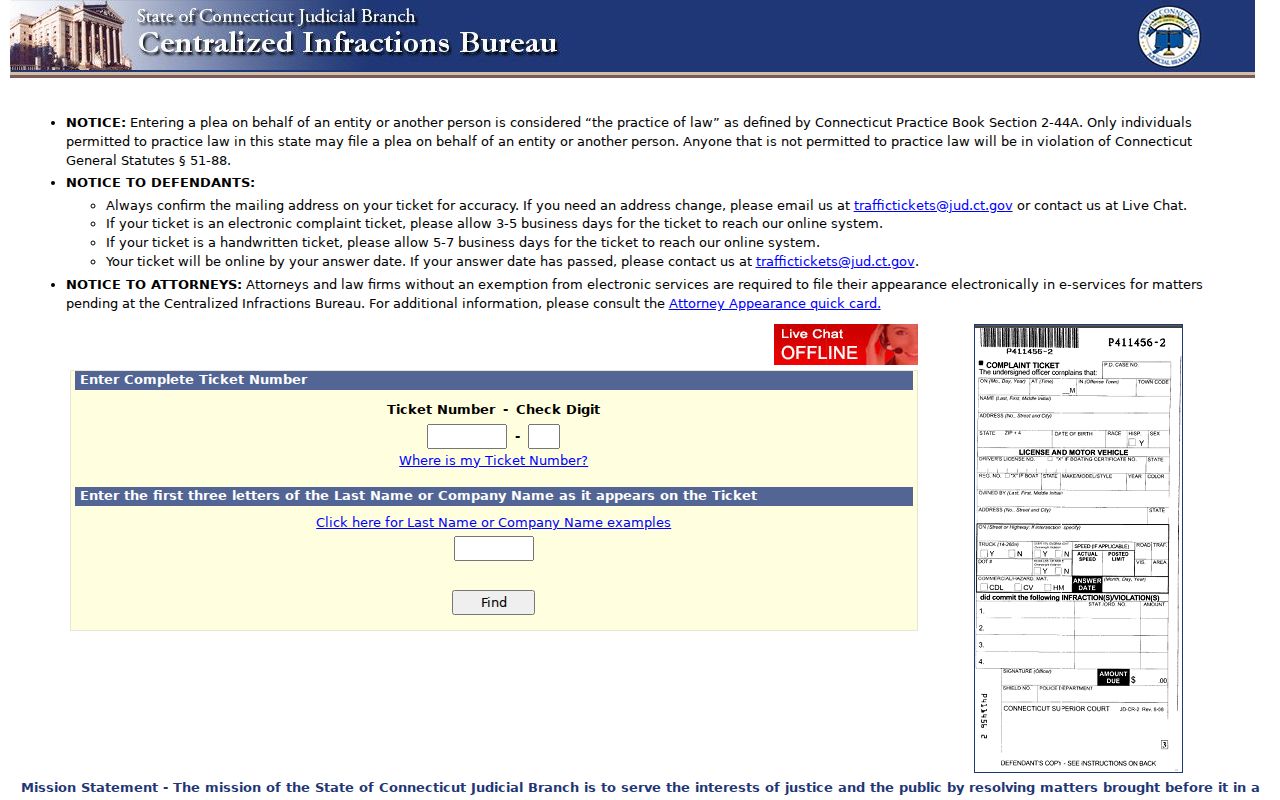 Connecticut CIB portal ticket number, check digit, and surname fields